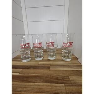 Set of 4 Vintage Red Lobster Glasses Hurricane Drink Glass Red Logo Cups